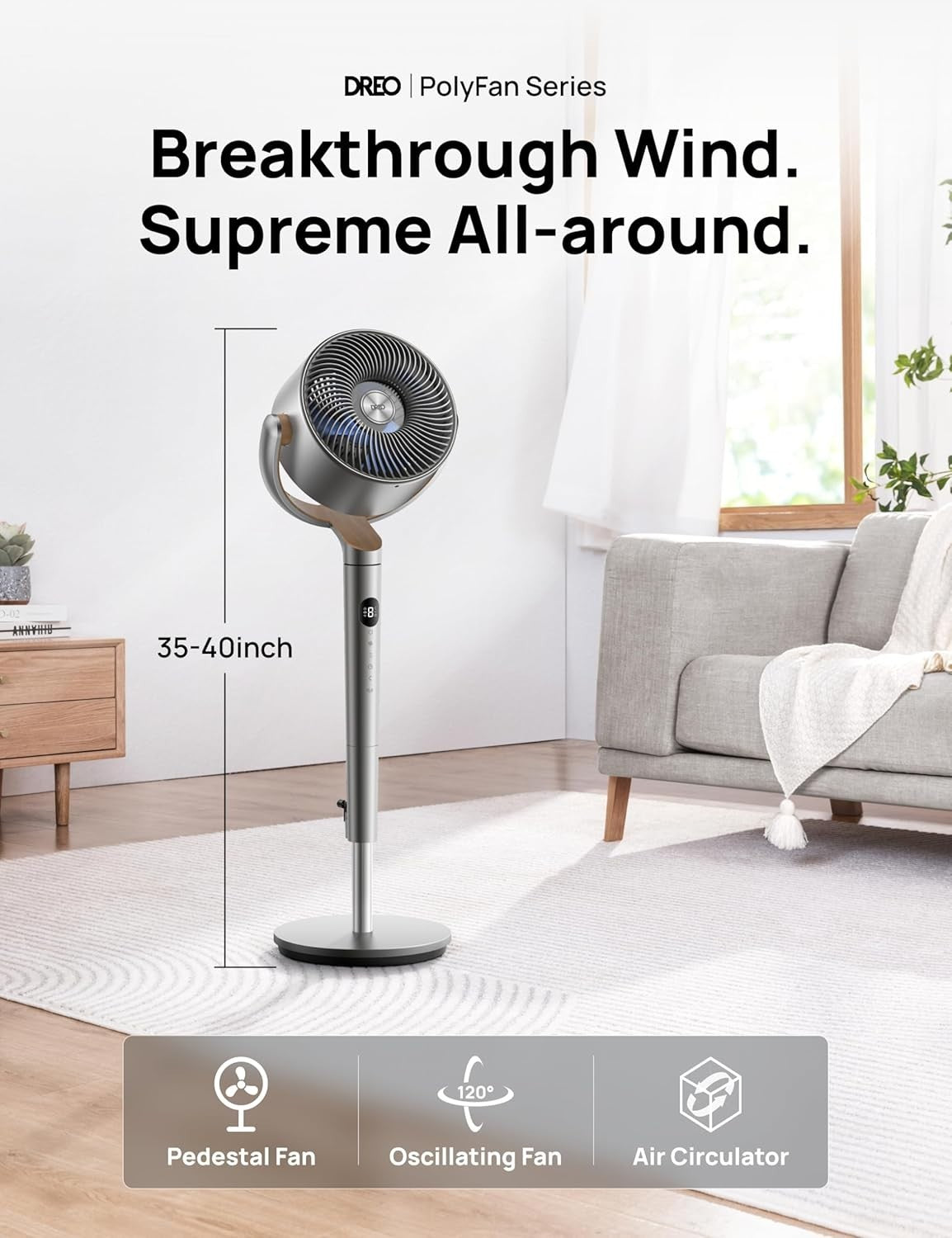 Cool Standing Floor Fan with Remote Control - 8 Speeds 3 Modes Adjustable Silver