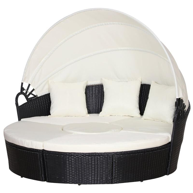 6 Seater Rattan Round Garden Sofa Bed Set with Canopy Table Cushions Black