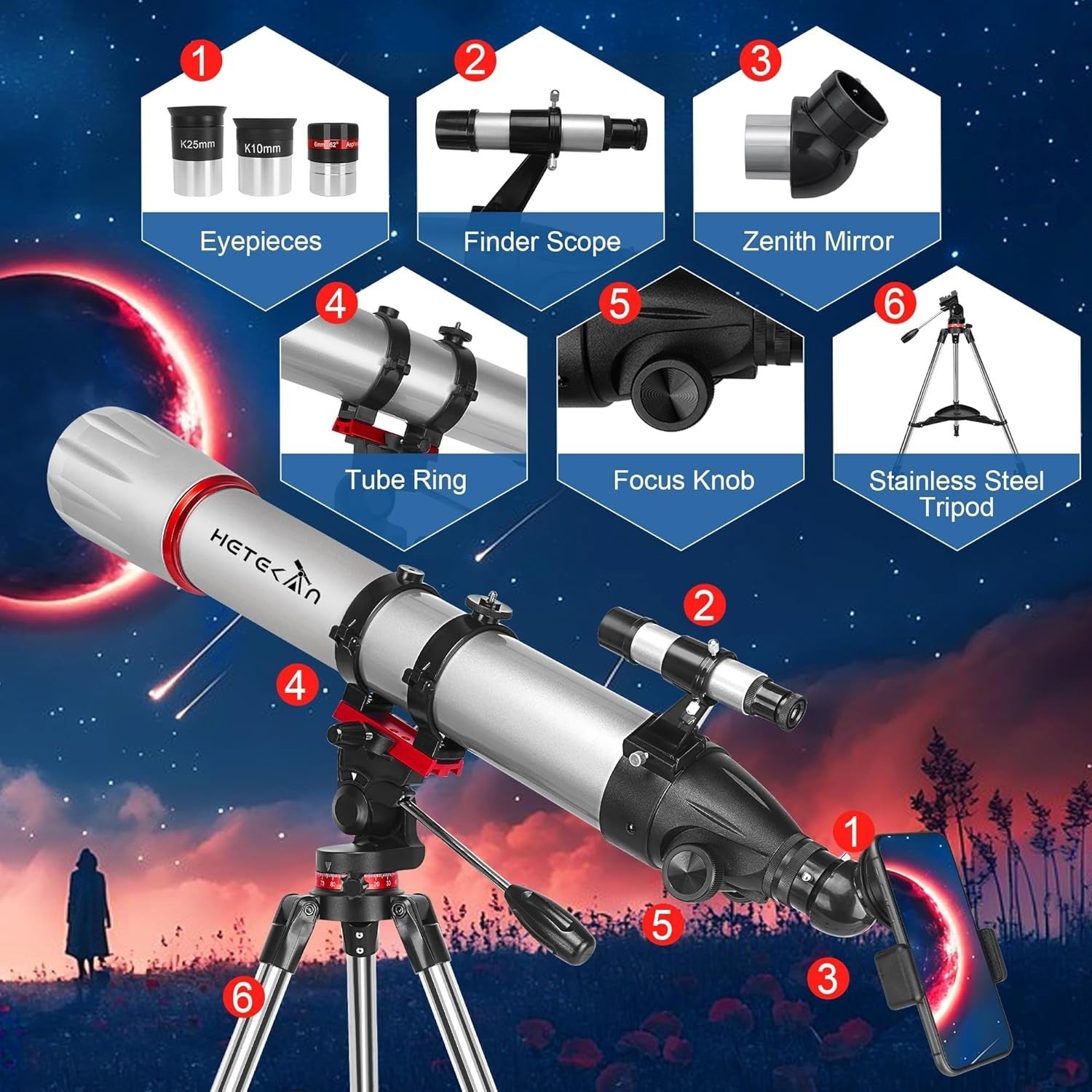 90mm Aperture 900mm Refractor Telescope for Kids & Adults - Grey