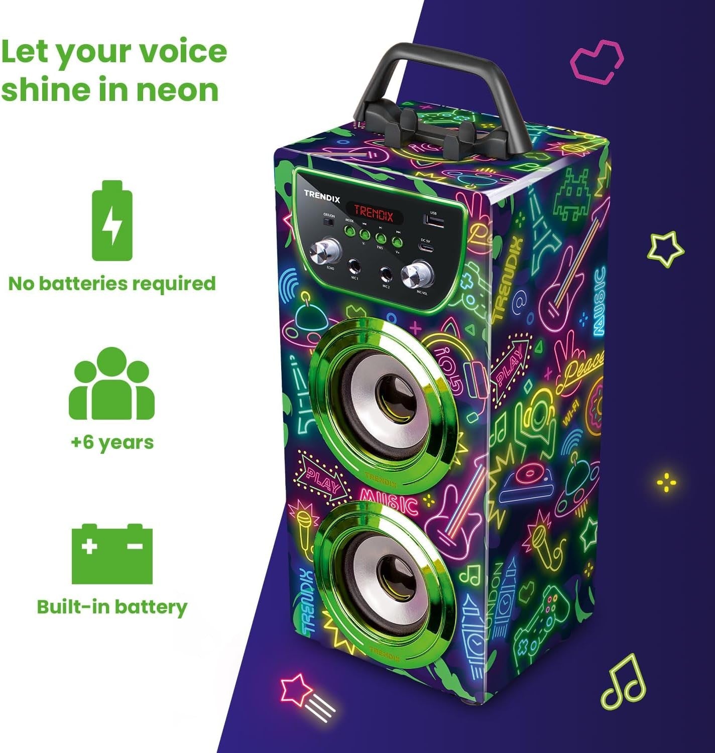 Neon Kids Karaoke Machine 2 Wireless Mics Green Bluetooth FM