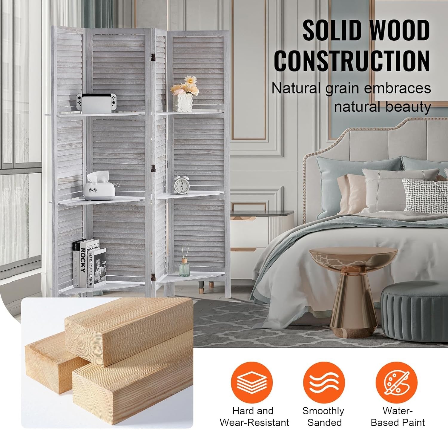 4 Panel Wooden Folding Room Divider with Shelves Light Brown 122x170cm