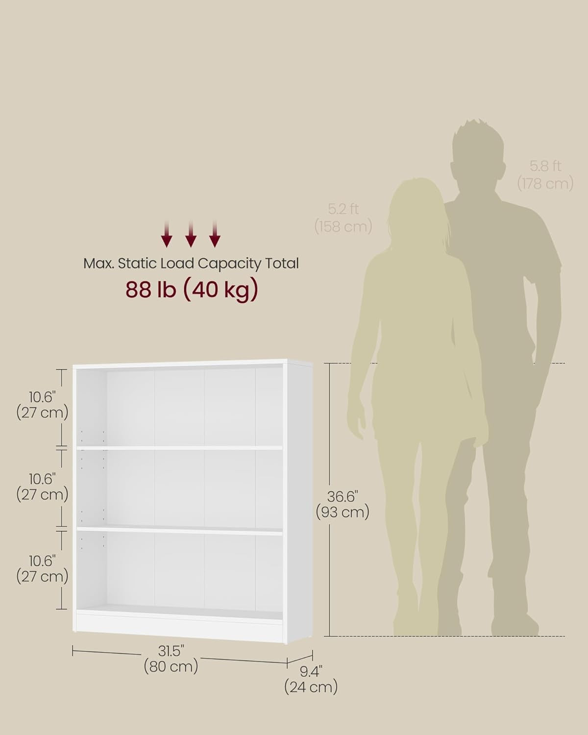 3-Tier White Bookcase 80cm Wide Adjustable Shelves Modern Storage Unit