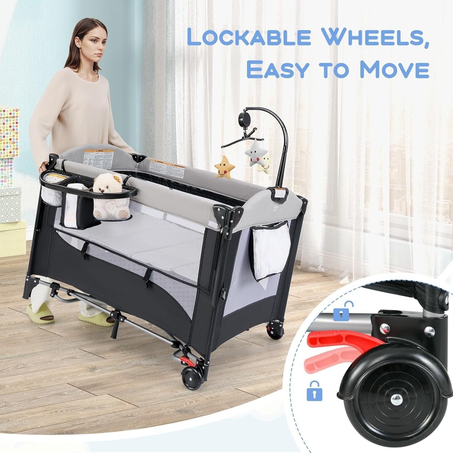 6in1 Baby Travel Cot Foldable Crib with Mattress, Changer & Storage Dark Grey