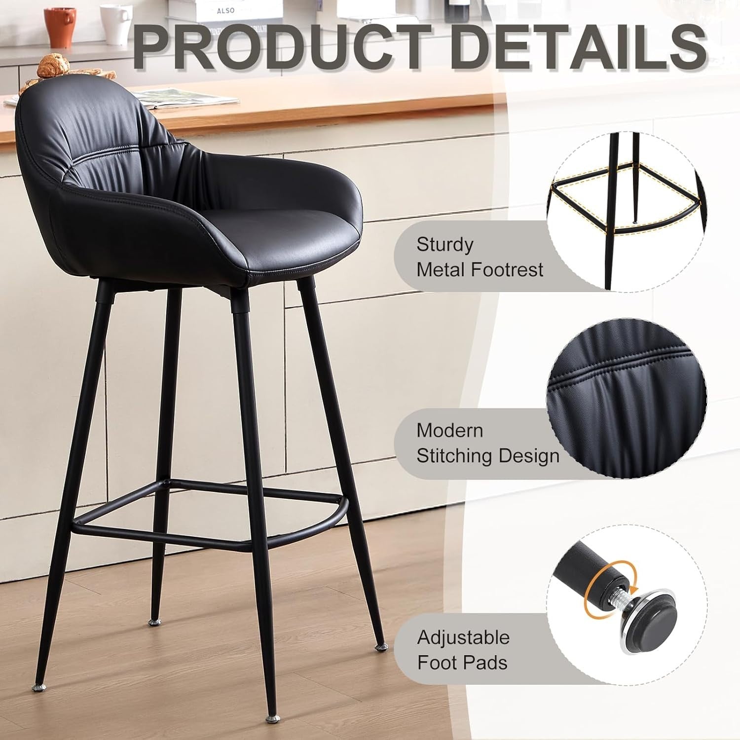 Black PU Leather Adjustable Bar Stools Set of 2 Mid-Century Kitchen