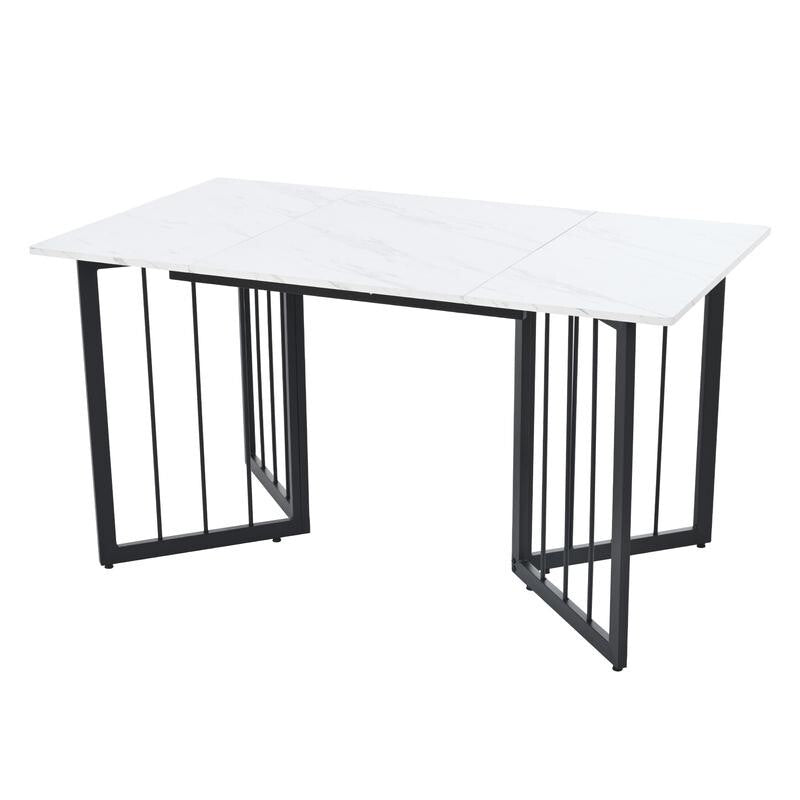 140x80cm Marble Effect Dining Table with Black V-Frame Legs, Adjustable Feet