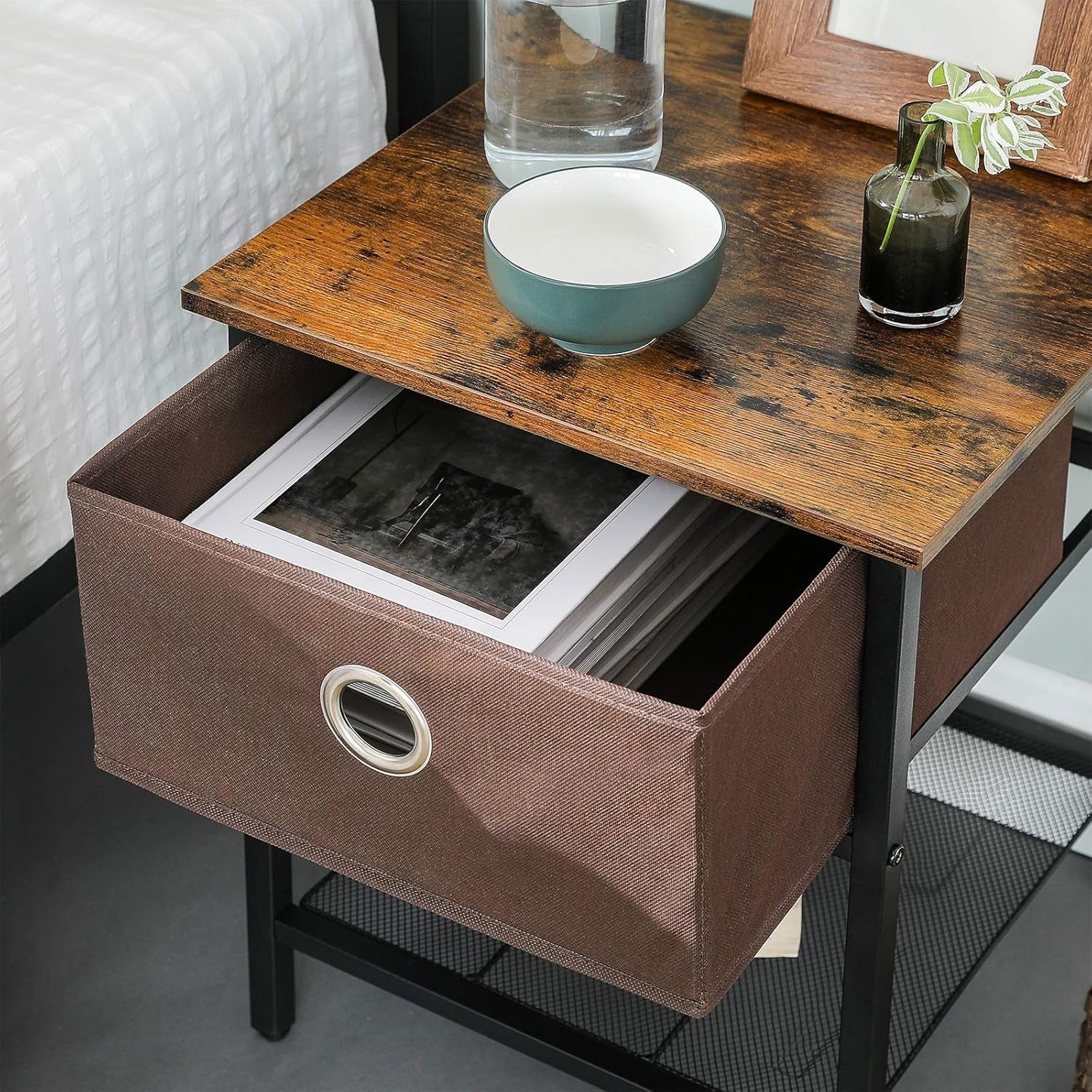 Set of 2 Rustic Bedside Tables with Drawer & Mesh Shelf, Industrial Nightstands