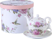 Tea For One Teapot Cup Saucer Set Beige Floral Bird Rose Gift Box