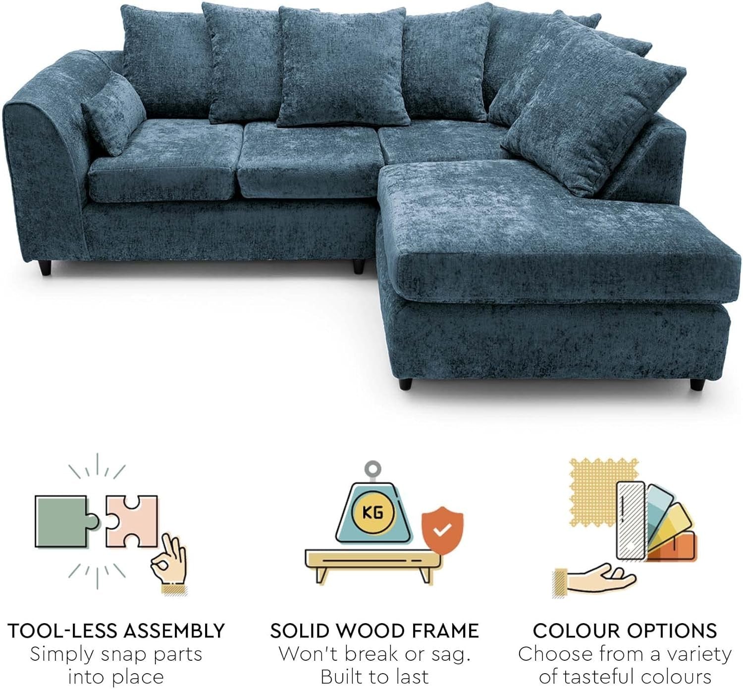 Dark Blue Chenille Corner Sofa Right – Modern L Shape Couch for Living Room