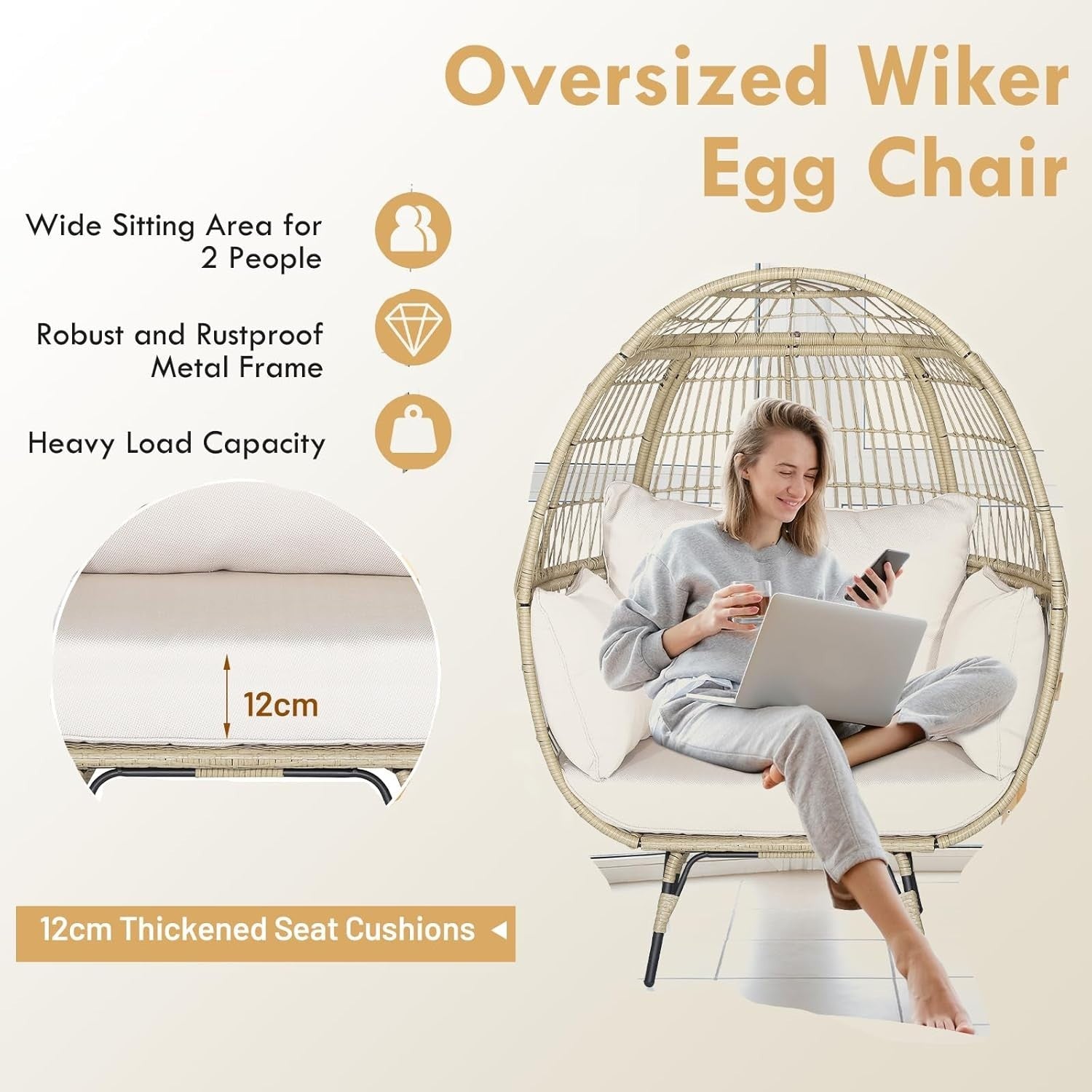 Two Seater Rattan Egg Chair Oversized Cushioned Freestanding Wicker Lounger
