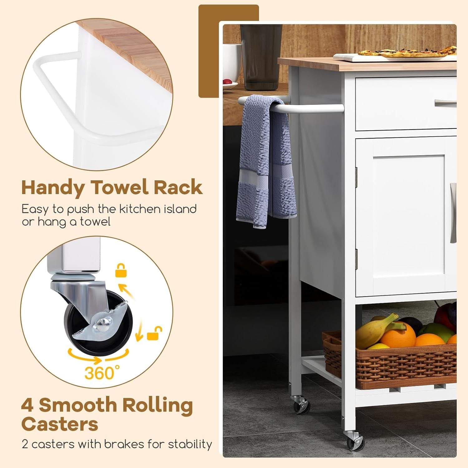 Kitchen Island Cart on Wheels Storage Trolley Cabinet Drawer Shelf White