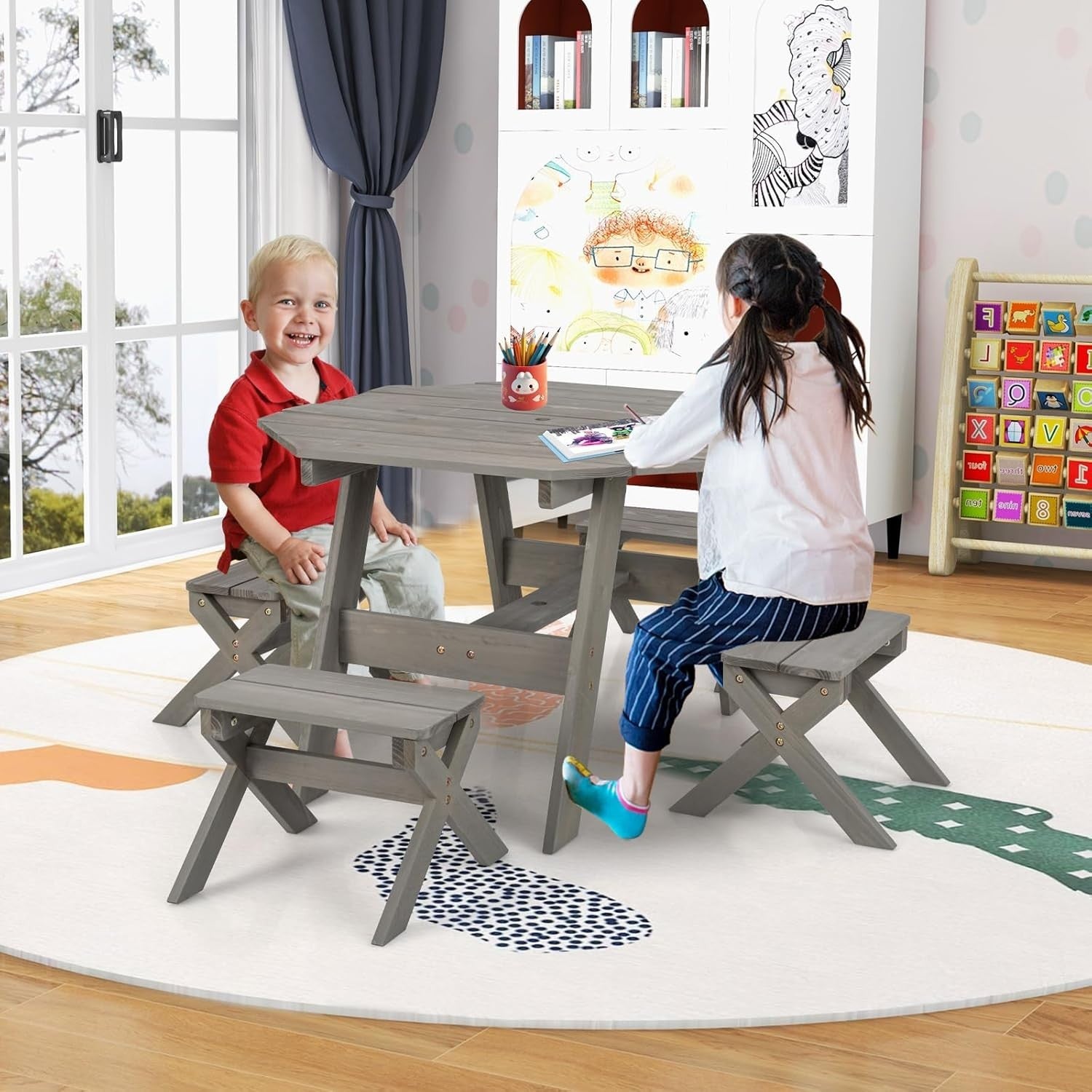 Kids Wooden Picnic Table Set w/ 4 Stools & Adjustable Umbrella Outdoor Indoor