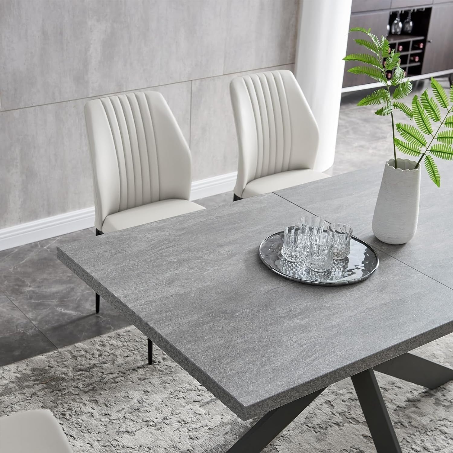 Extendable Dining Table Set 6 White Chairs MDF Kitchen Living Room Furniture