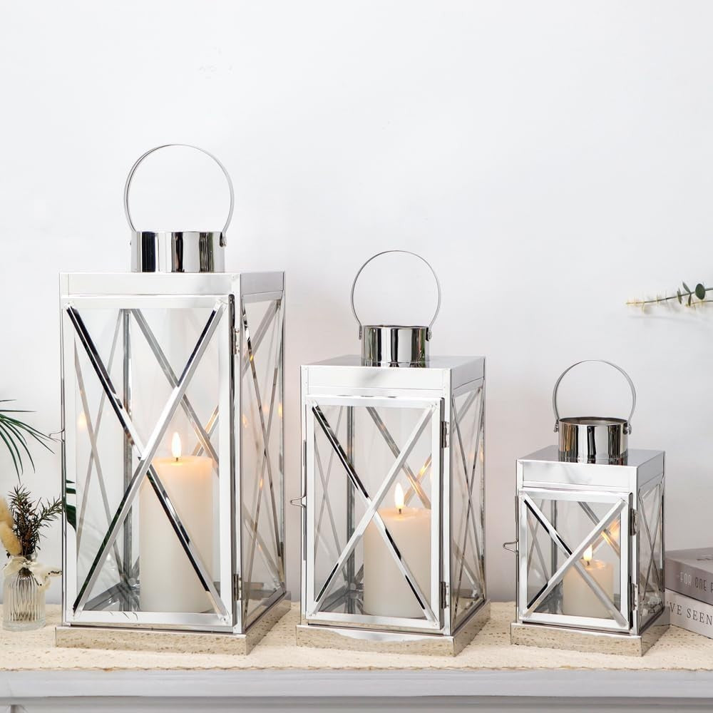 Set of 3 Silver Stainless Steel Lanterns Candle Holders