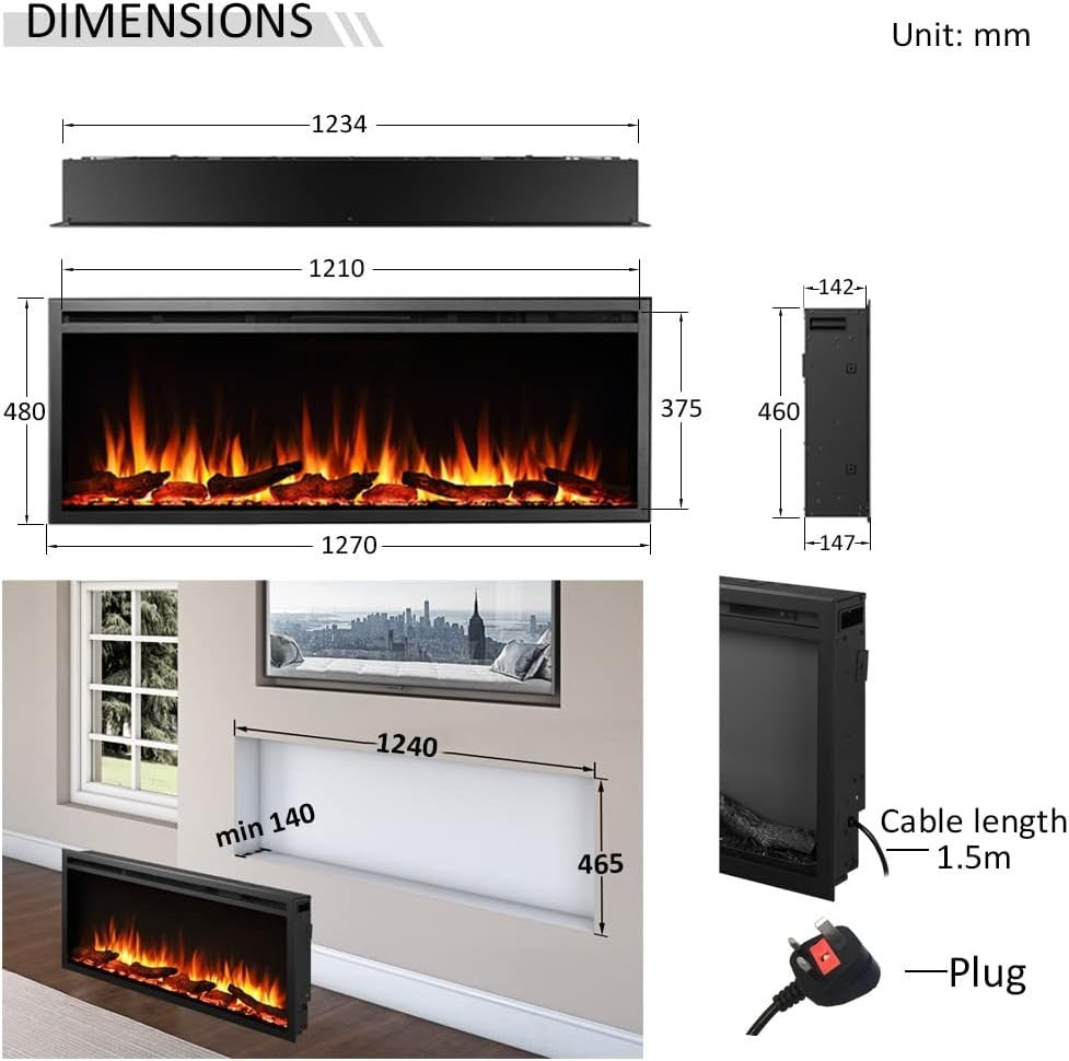50" Wall Mount Electric Fireplace Multi Flame Colors 750W-1500W Heat