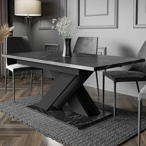 Extendable Black Royal Marble Dining Table 140-180cm Modern Foldable Kitchen