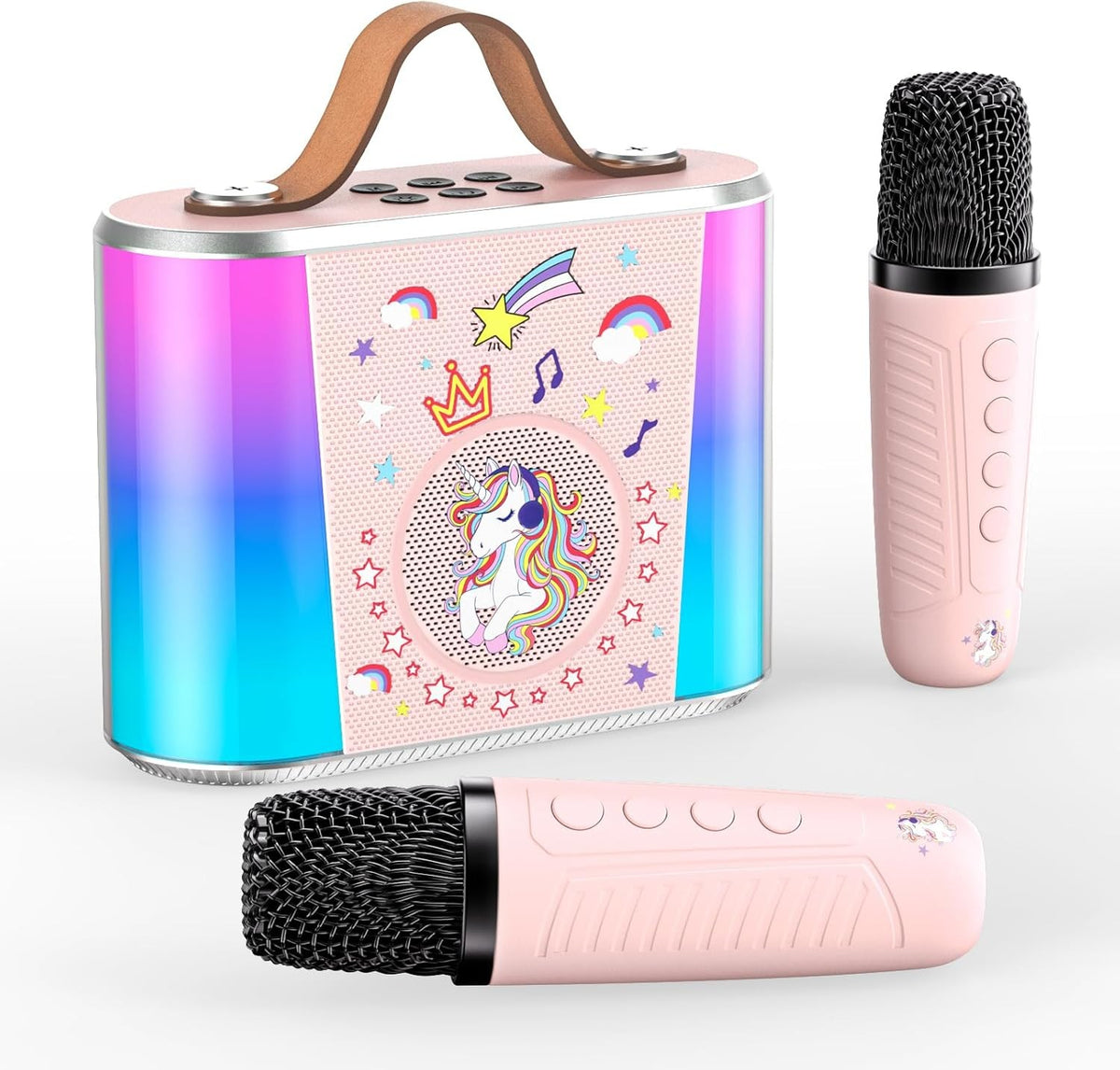 Mini Karaoke Machine Bluetooth 2 Wireless Mics LED Lights Kids Pink