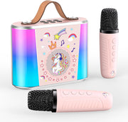Mini Karaoke Machine Bluetooth 2 Wireless Mics LED Lights Kids Pink