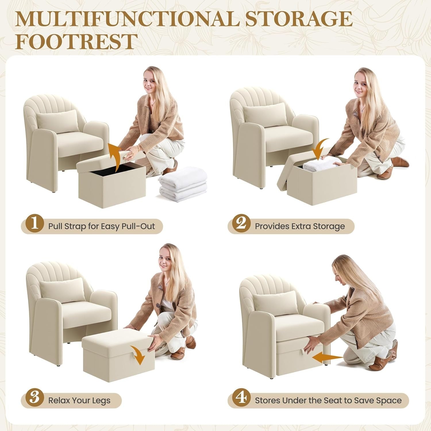 Velvet Tub Chair with Storage Ottoman & Lumbar Pillow | Modern Accent Seat