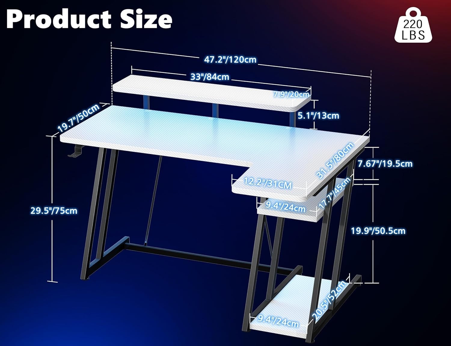 White 120cm L Shaped Gaming Desk with LED Lights W/ Monitor Stand & Shelves