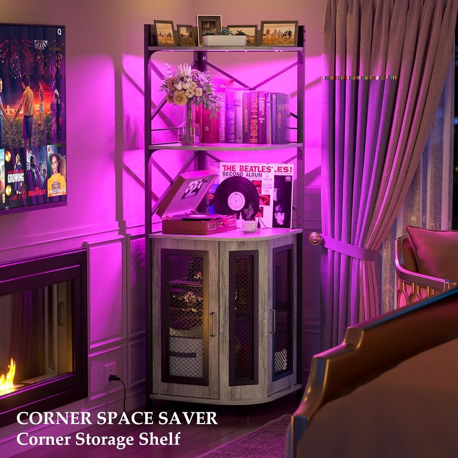 Corner Bar Cabinet with LED Lights & Power Outlets, 5-Tier Liquor Wine Storage