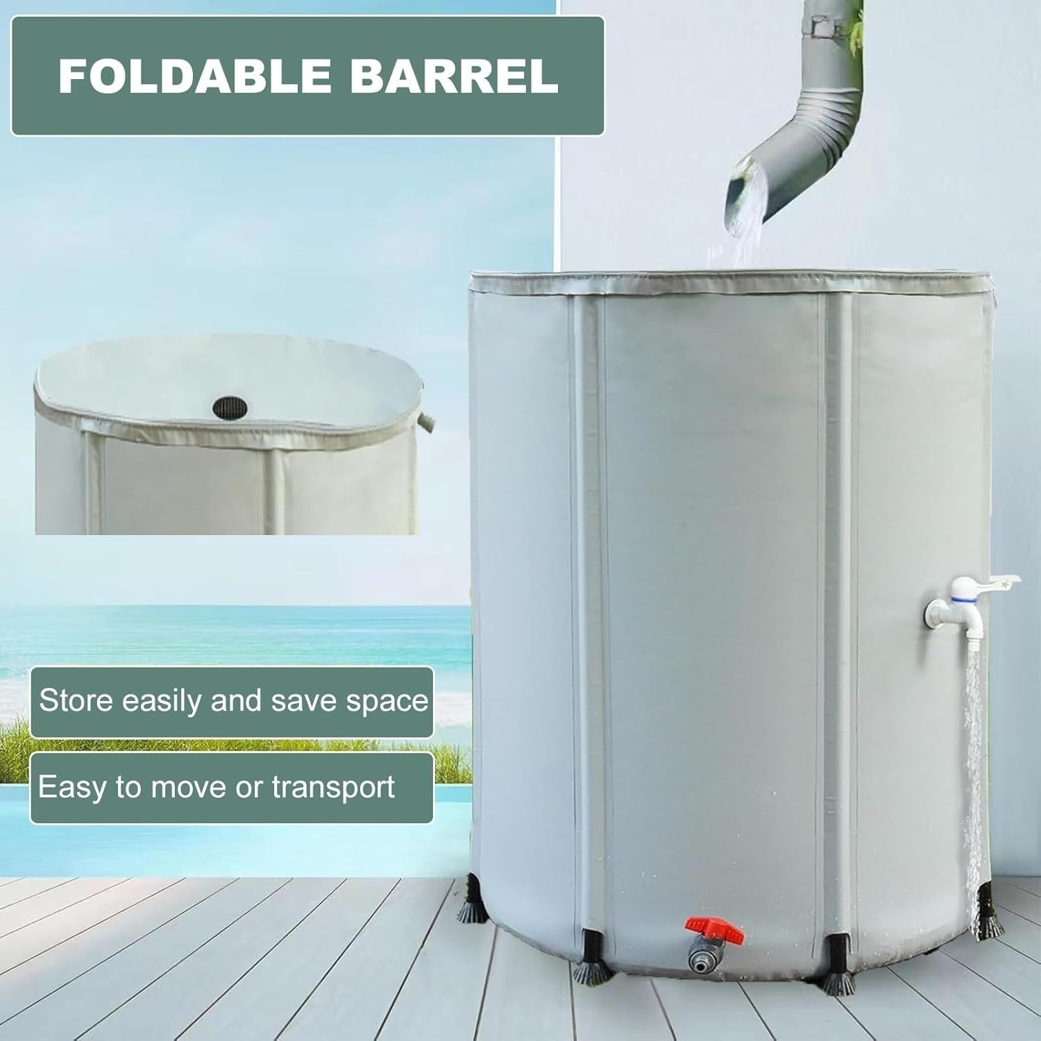 750L Foldable Garden Water Butt with Tap & Stand – Rainwater Storage Barrel