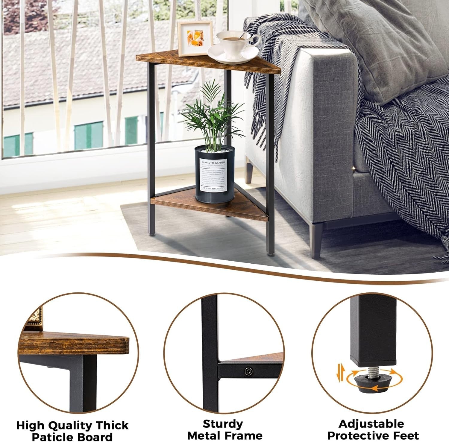 Space-Saving Triangle End Table with Magazine Rack – Durable Corner Nightstand