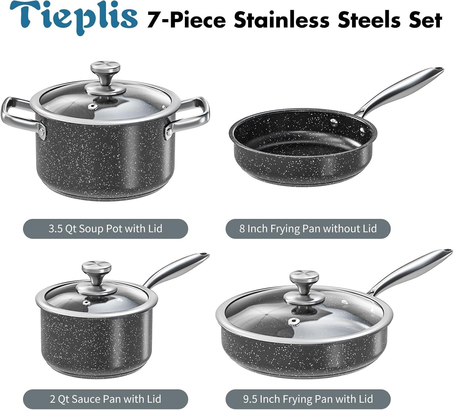 7pcs Black Granite Non Stick Cookware Set – Induction Compatible Pots & Pans