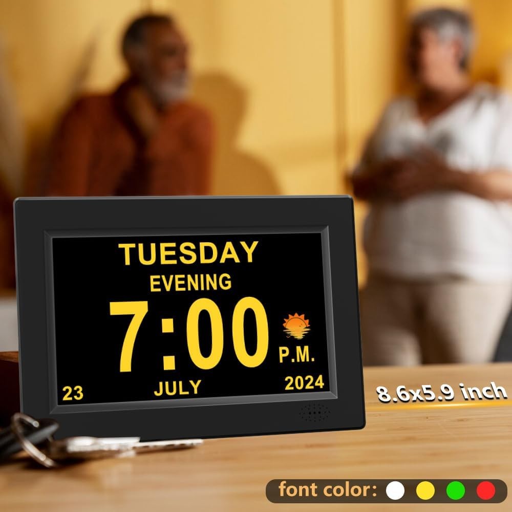 8” Dementia Digital Clock Large Day Display Auto Dimming Elderly