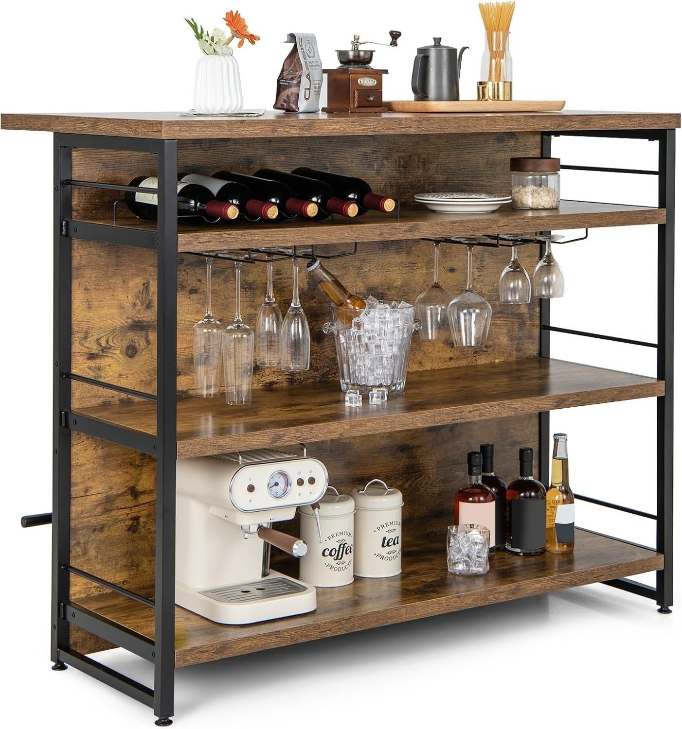 Industrial Kitchen Island Bar Table with Wine Rack & Shelves Home Counter Unit