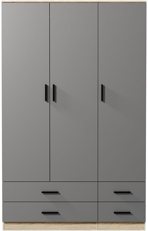 Oak & Grey 3 Door Wardrobe with 4 Drawers, Modern Bedroom Storage Unit