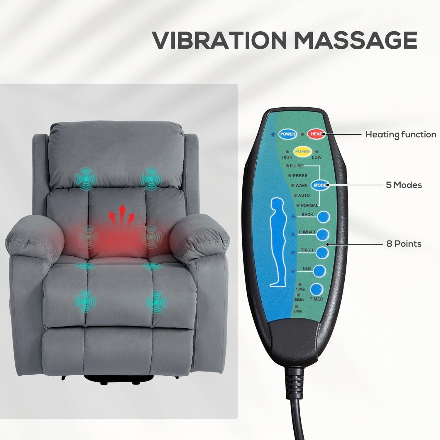 Power Lift Recliner Chair Heat Massage 135° Recline Pocket Spring Leathaire Grey