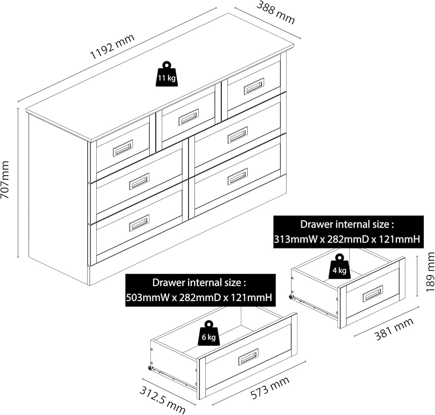 Wide Chest of Drawers 7 Drawer Unit White Oak Storage Cabinet Bedroom