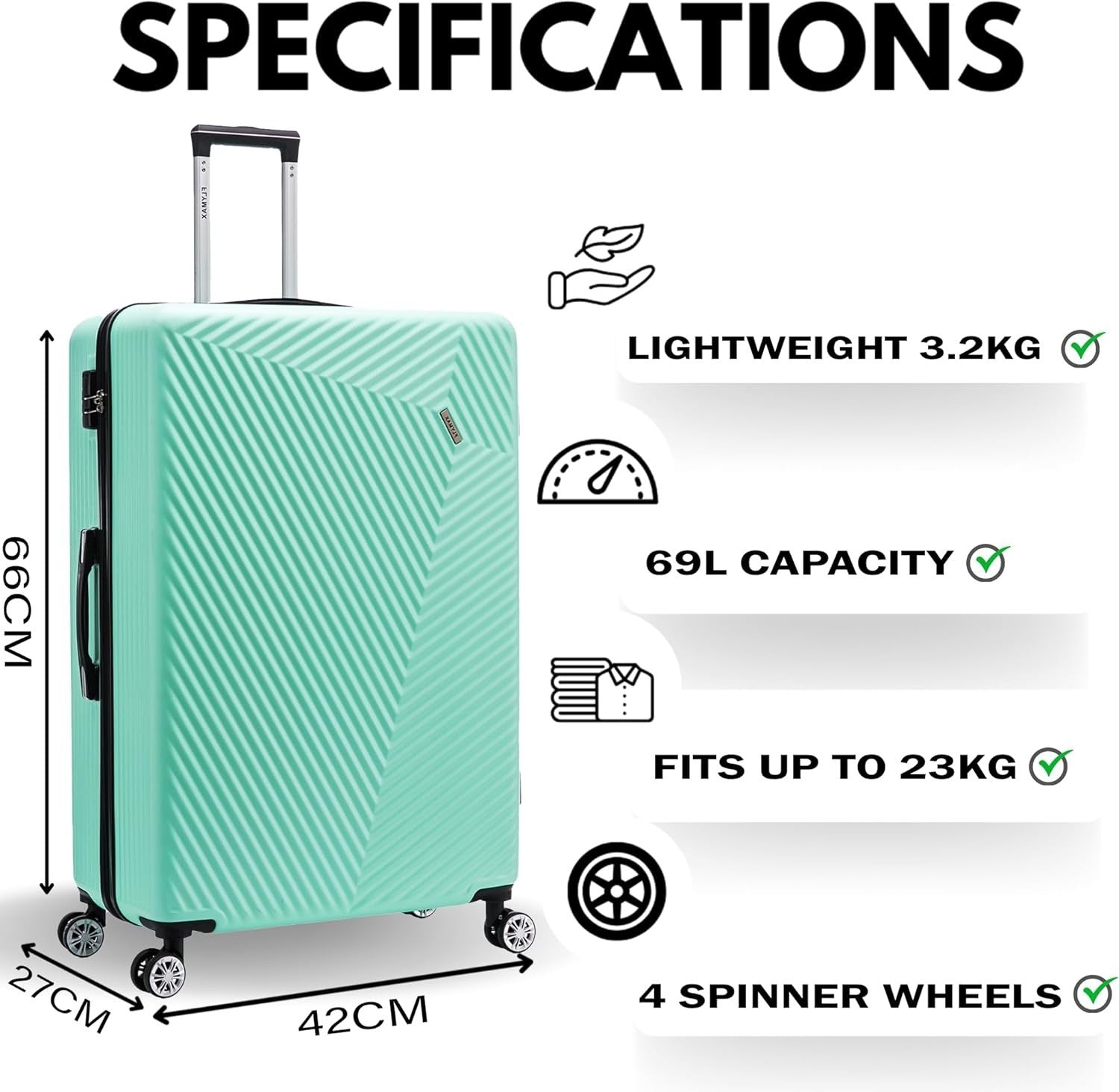 Medium Check In Suitcase ABS Hard Shell 4 Wheel Lightweight Lockable