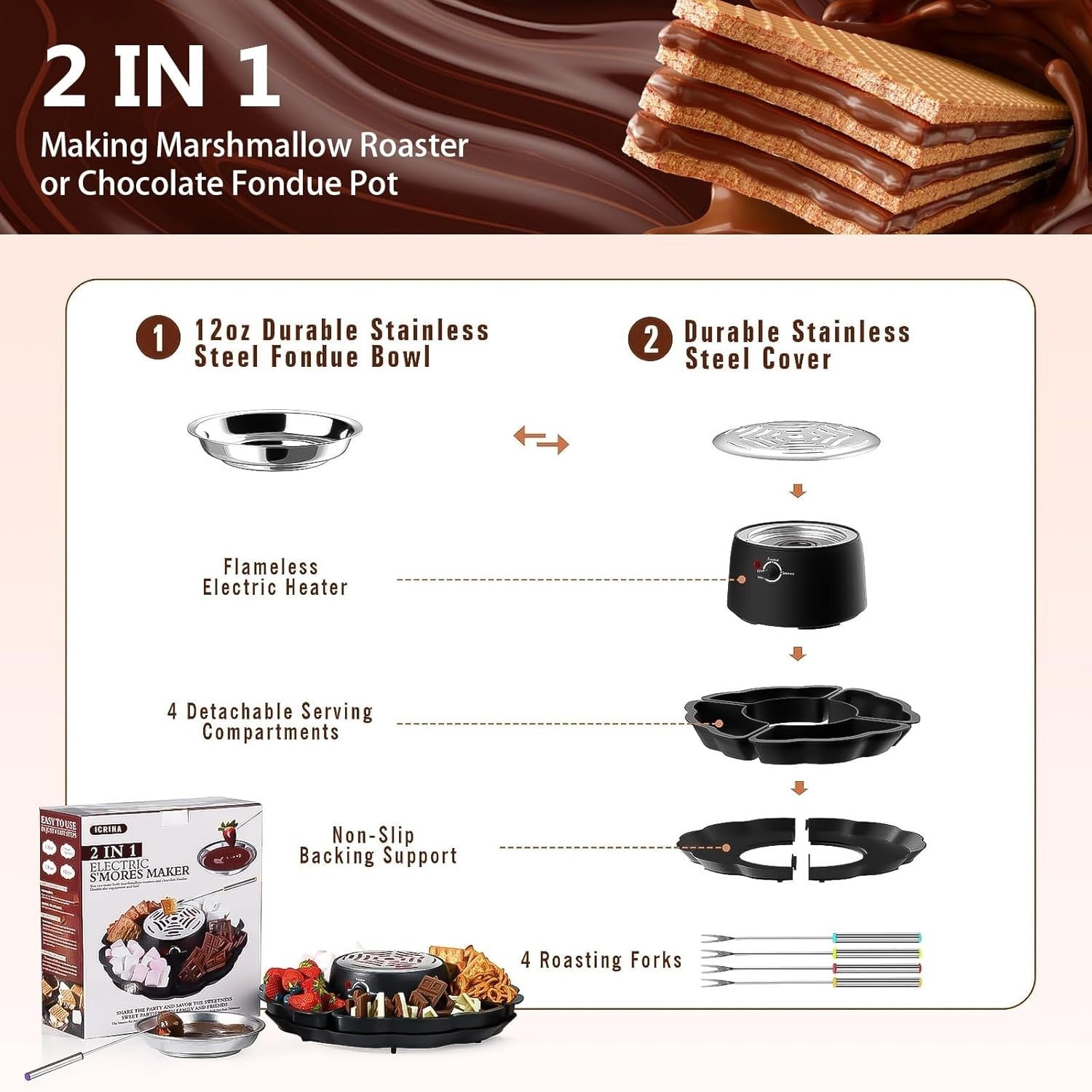 2 in 1 Smores Maker Fondue Set Electric Marshmallow Roaster Kit
