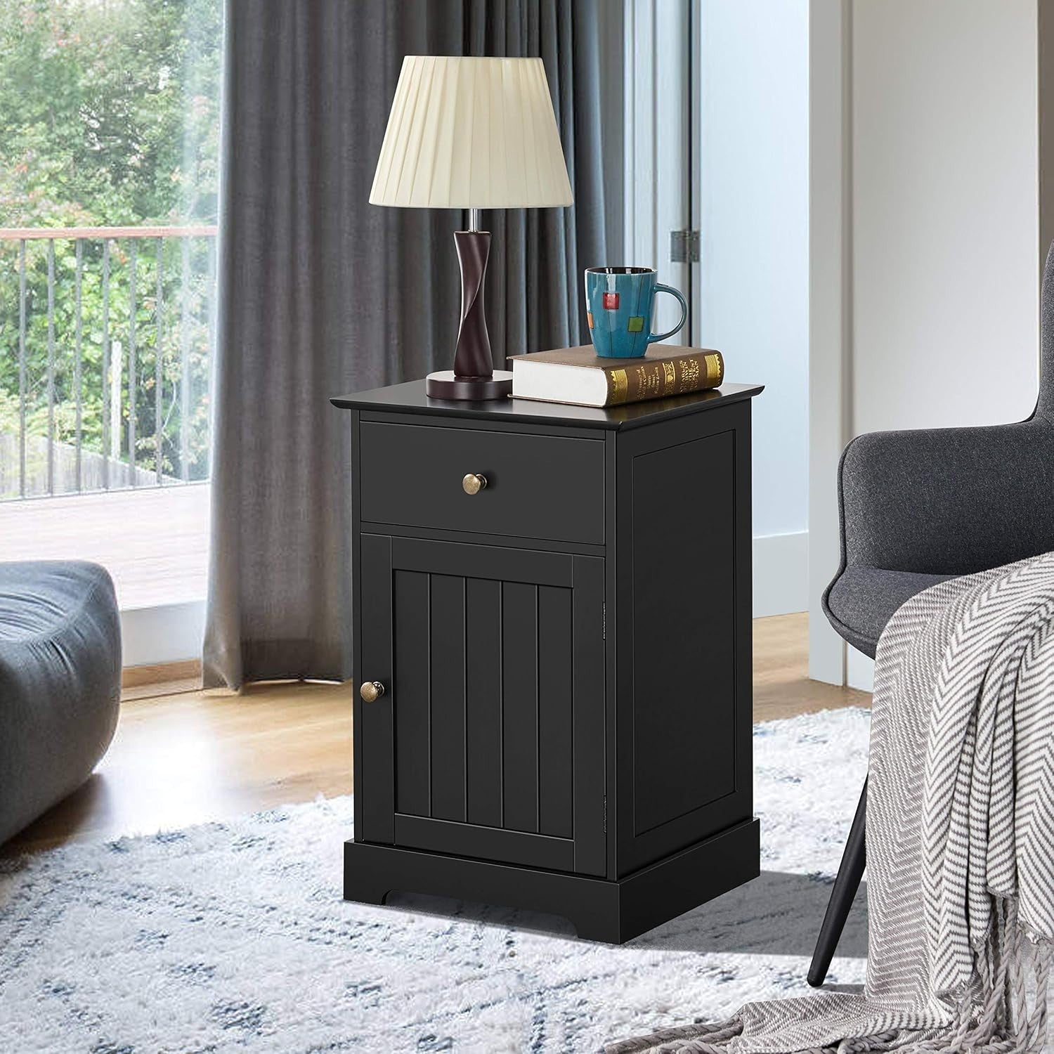Black Wooden Bedside Tables Set of 2 with Drawer & Cupboard – Modern Nightstands