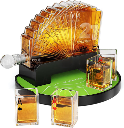 Blackjack Whiskey Decanter Set with 4 Glasses & Rotating Casino Display 1100ml