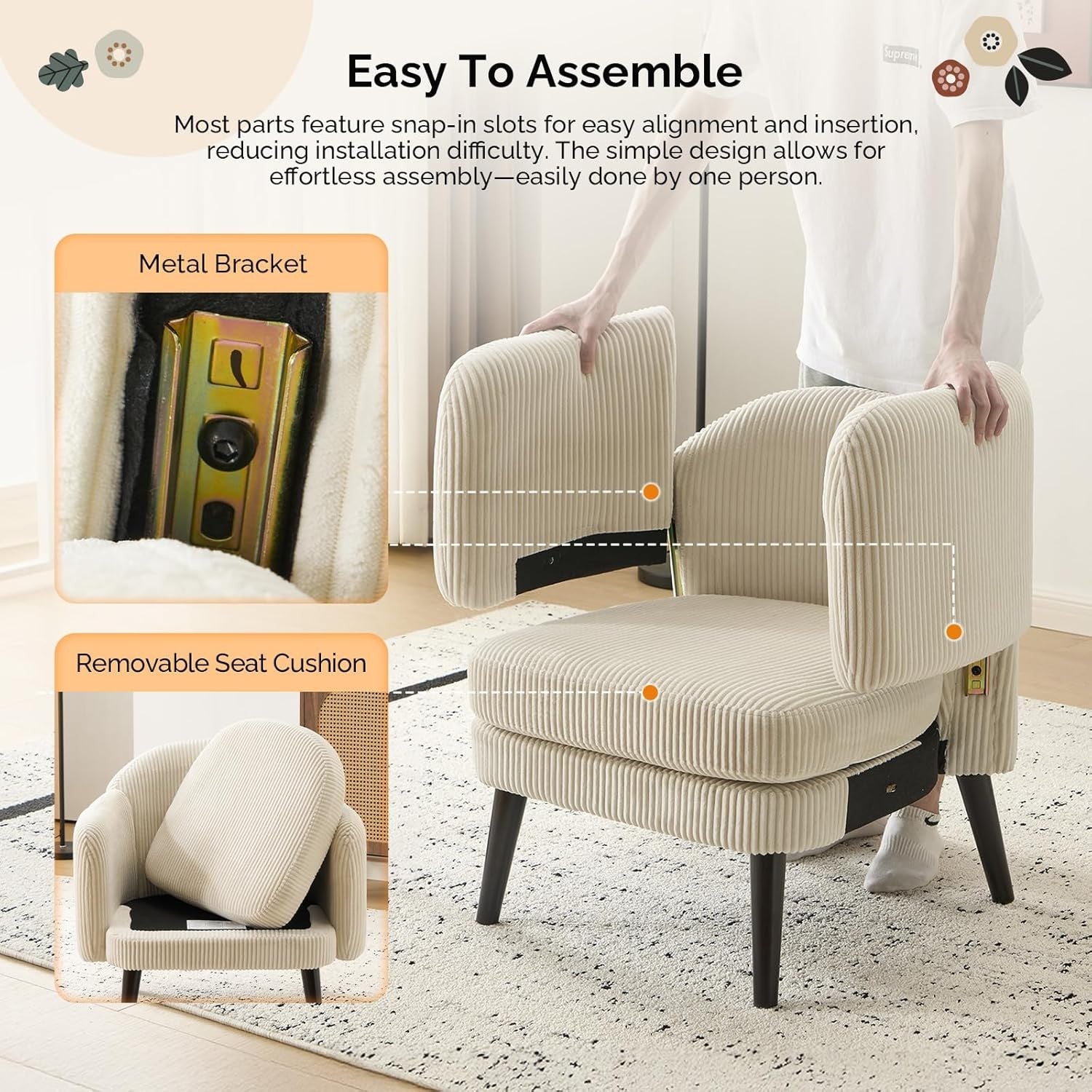 Wide Corduroy Armchair Modern Accent Chair Beige Wood Legs