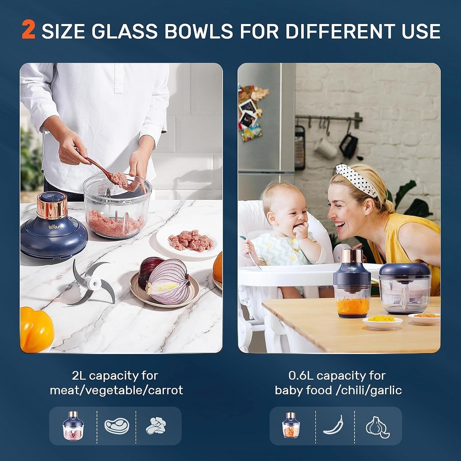 2L Electric Food Processor with 2 Bowls, Stainless Steel Blades, 300W Motor