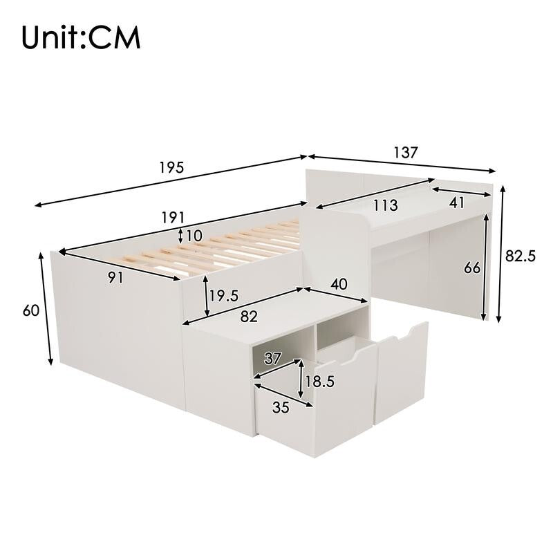 Kids Bed with Desk Storage Drawers 3FT Single White Bed Frame 90x190cm