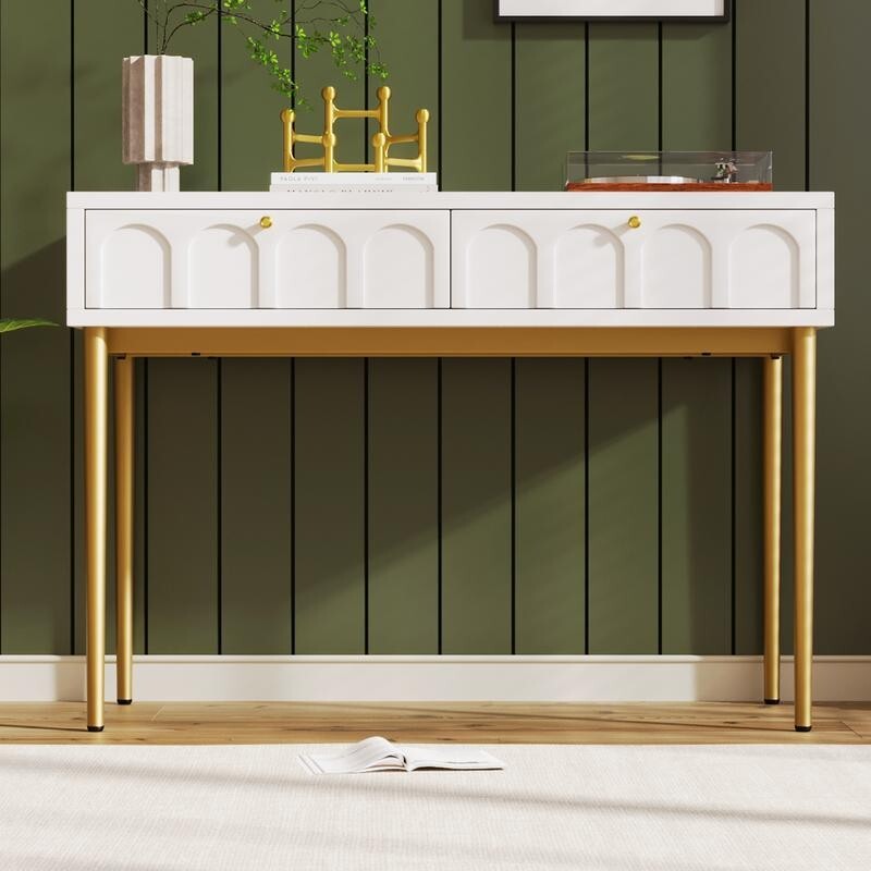 White Dressing Table with 2 Drawers & Gold Legs – Bedroom Makeup Desk