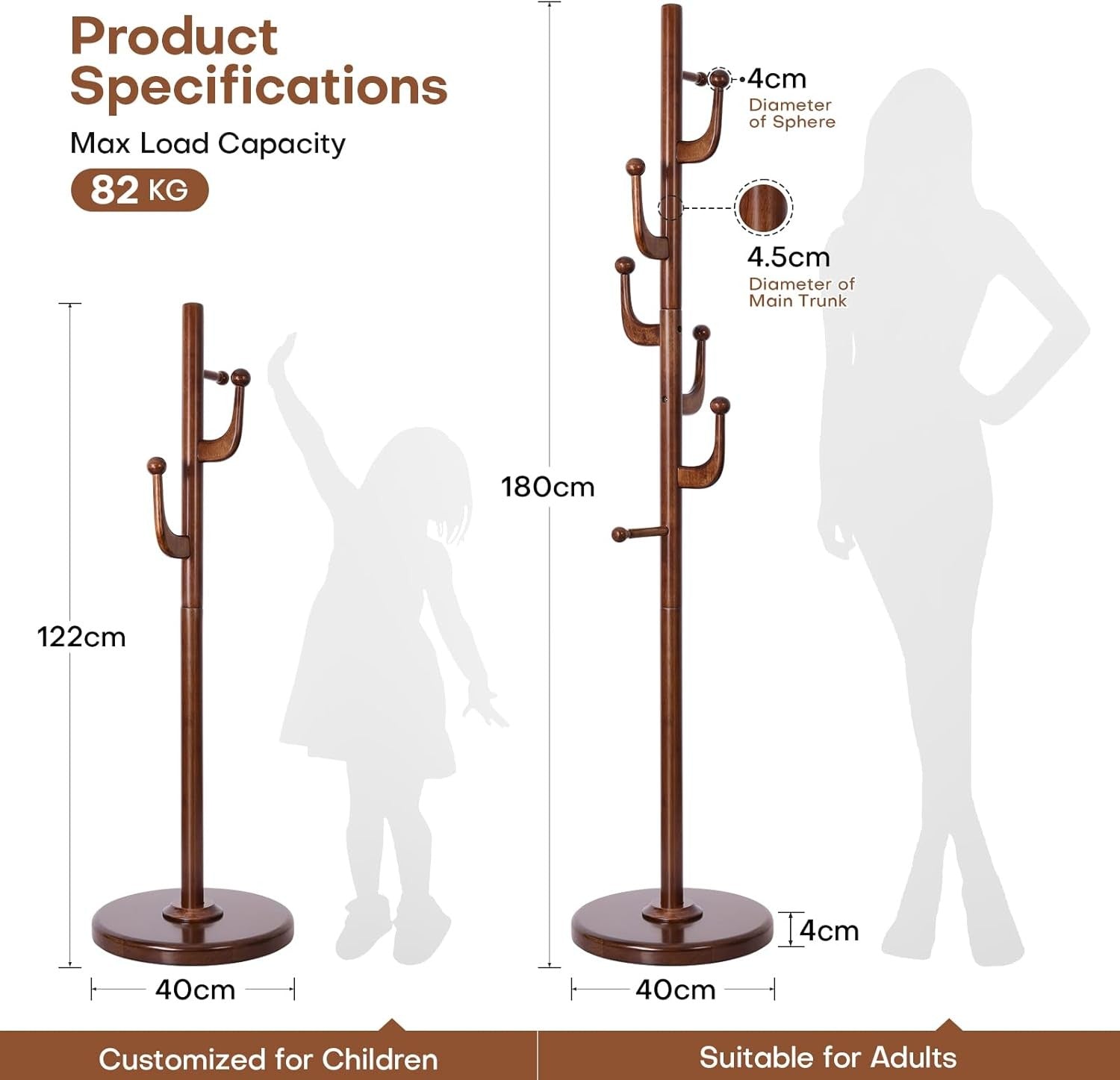 Solid Walnut Wood Coat Rack 180cm Freestanding 5 Hook Stand with Round Base