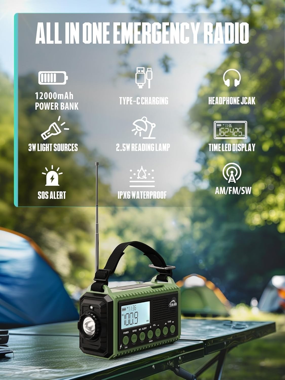 Emergency Wind Up Solar Radio AM/FM/SW 12000mAh Waterproof Torch