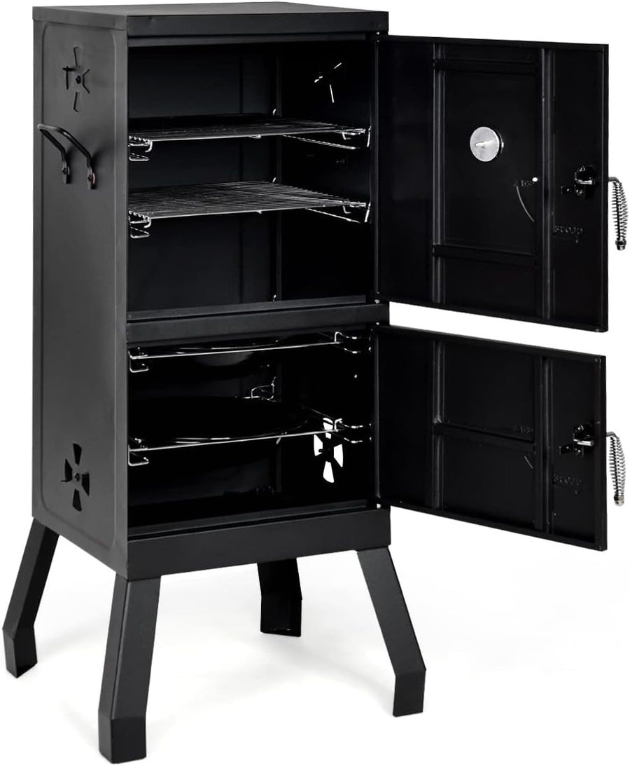 Vertical Charcoal BBQ Smoker with Thermometer, 2 Door Design, Adjustable Vents