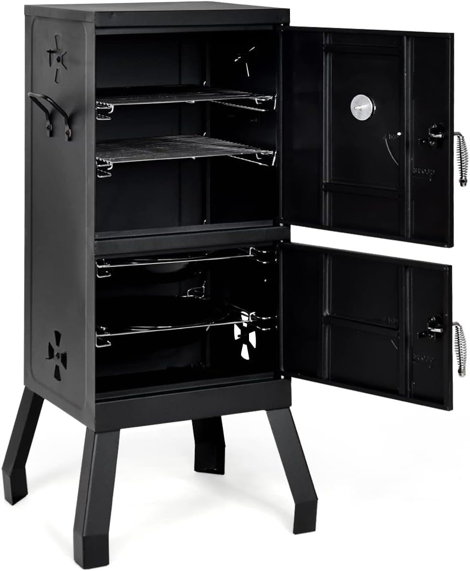Vertical Charcoal BBQ Smoker with Thermometer, 2 Door Design, Adjustable Vents