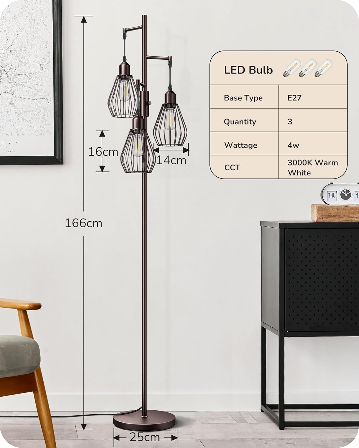 Dimmable Industrial Floor Lamp with Wire Cage Shades & 3 LED Bulbs