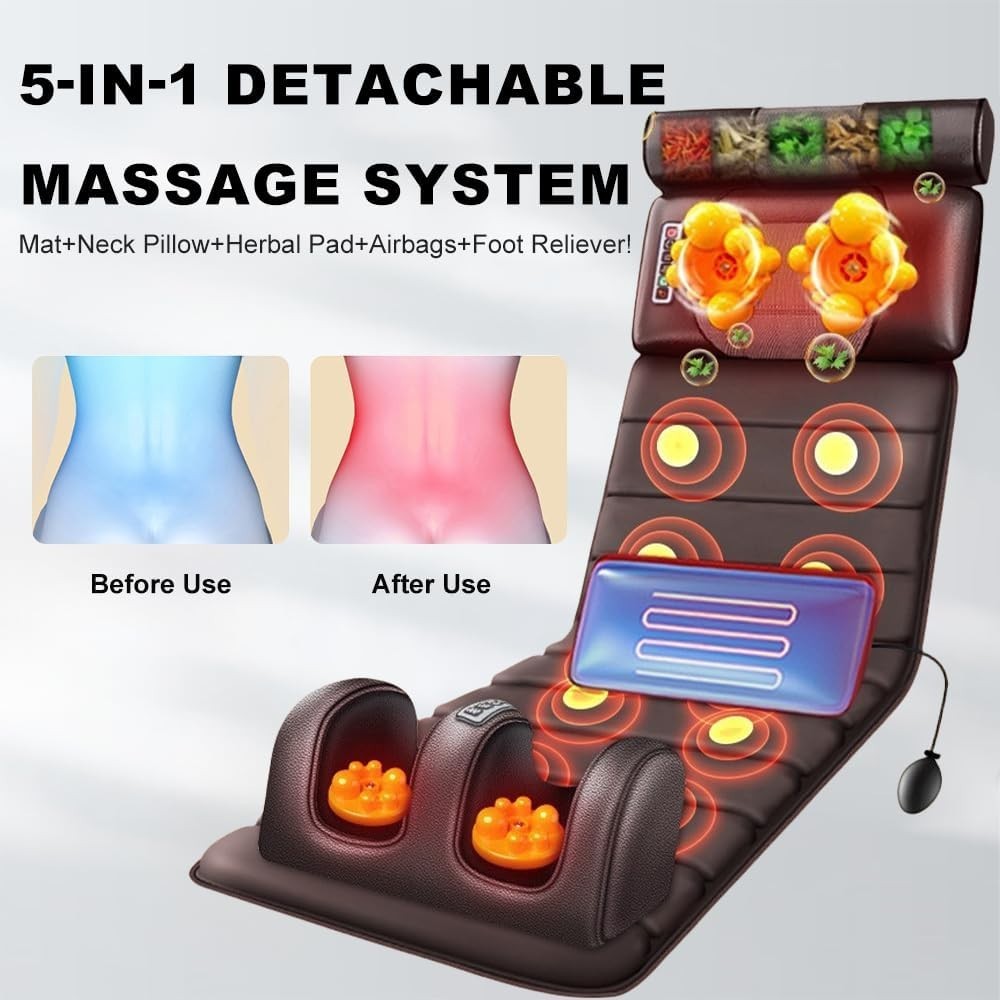Full Body Massage Mattress Heat Shiatsu Vibration 10 Motors 6 Nodes Pain Relief