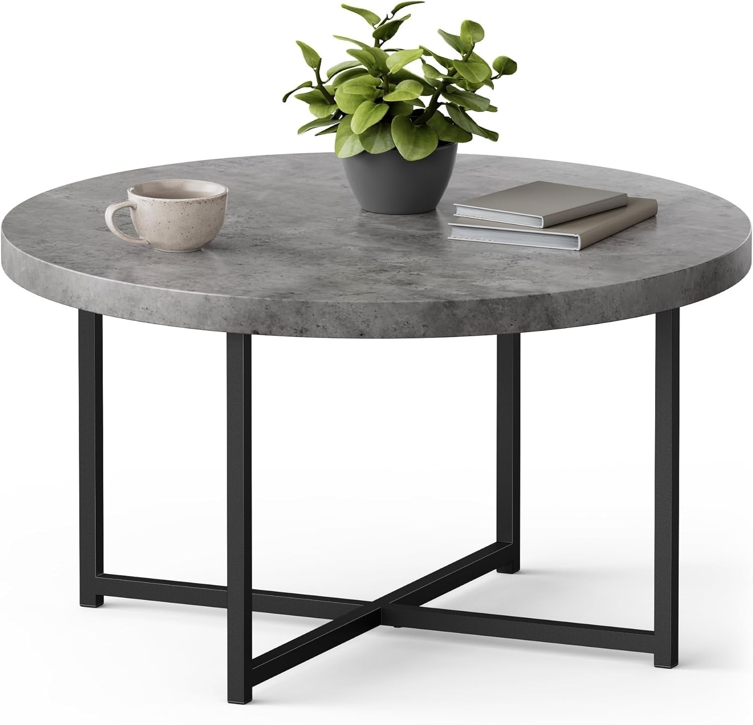Round Grey Concrete Look Coffee Table 80cm Modern Metal Legs Lounge Table