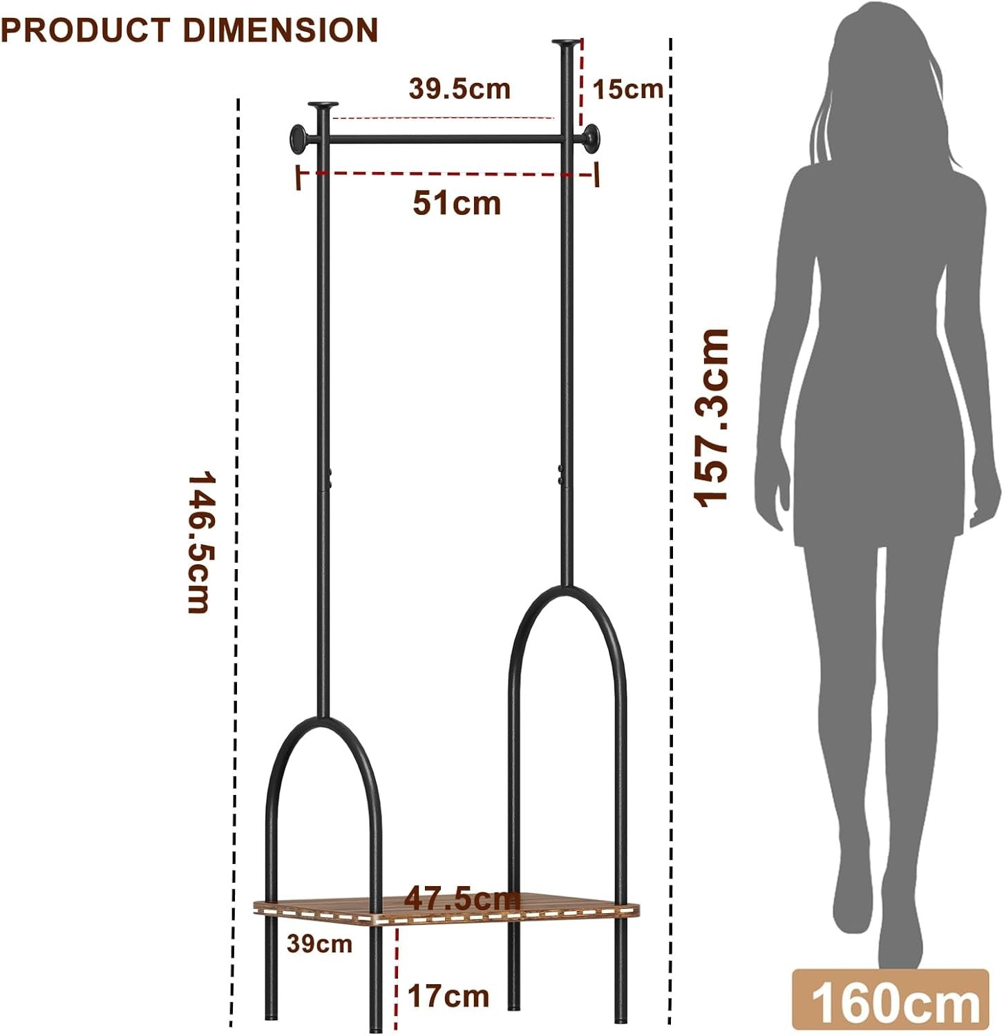 Freestanding Coat Rack with Shelf 3-in-1 Hall Tree Clothes Rail 157cm Black