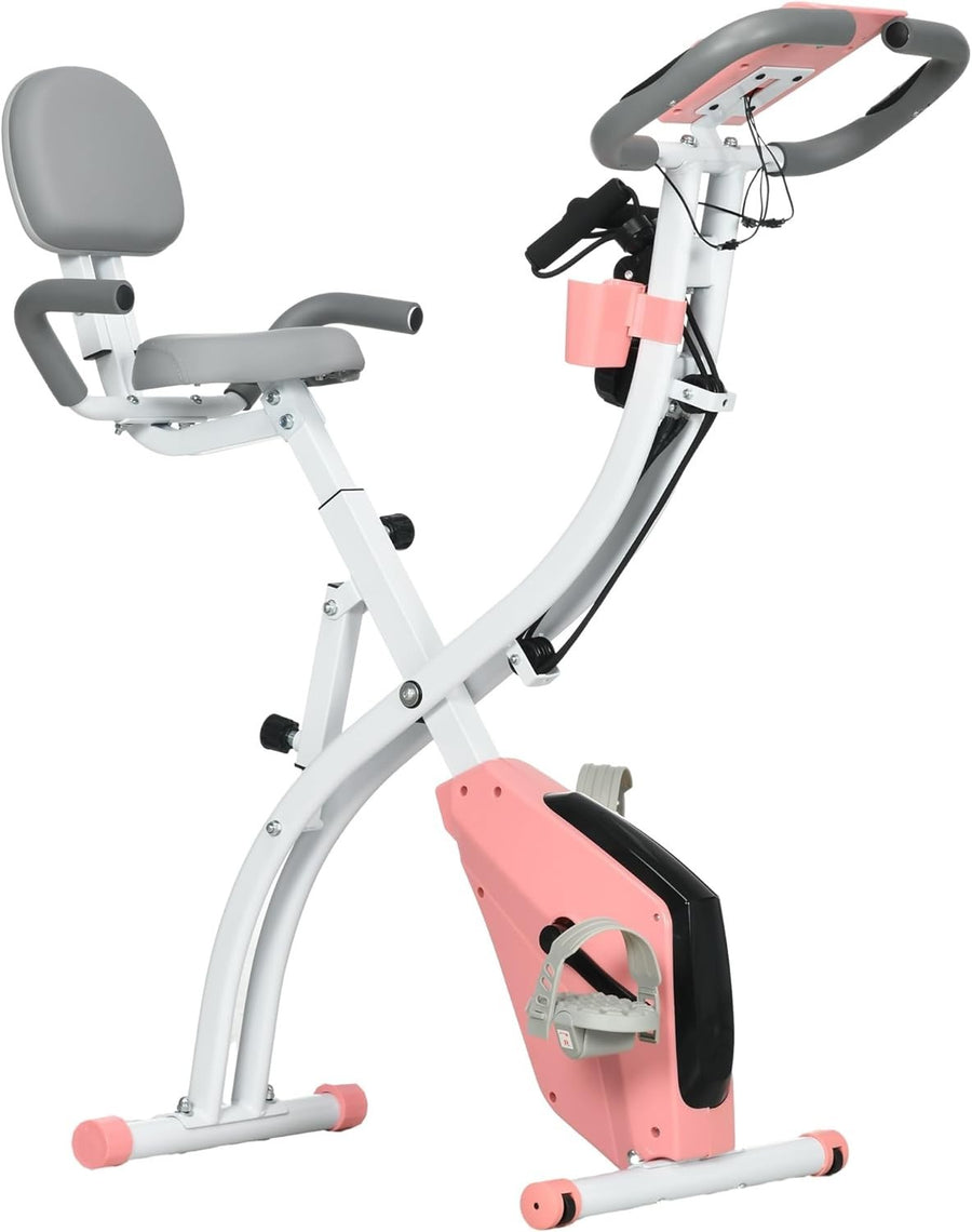 Pink 3-in-1 Folding Exercise Bike Magnetic Resistance LCD Pulse & Bands