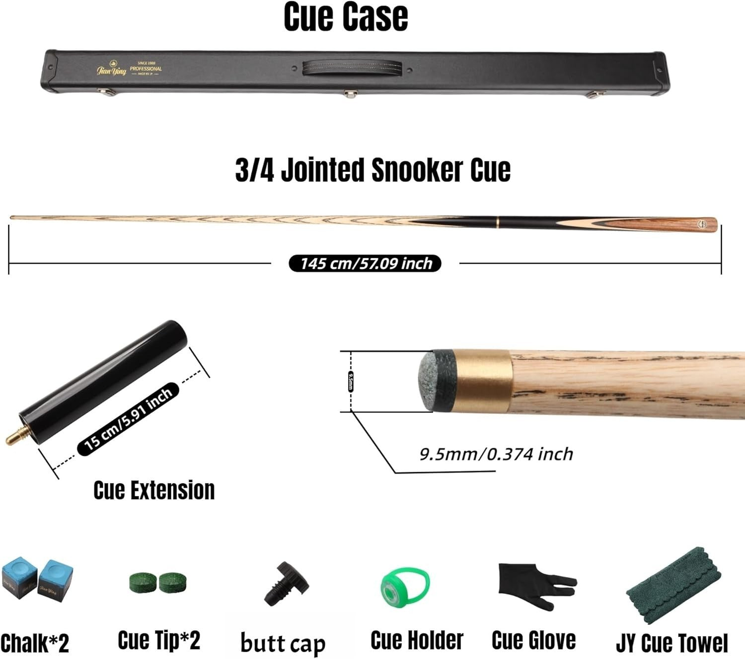 57in Handmade Snooker Cue 19oz 9.5mm Tip 3/4 Joint Case